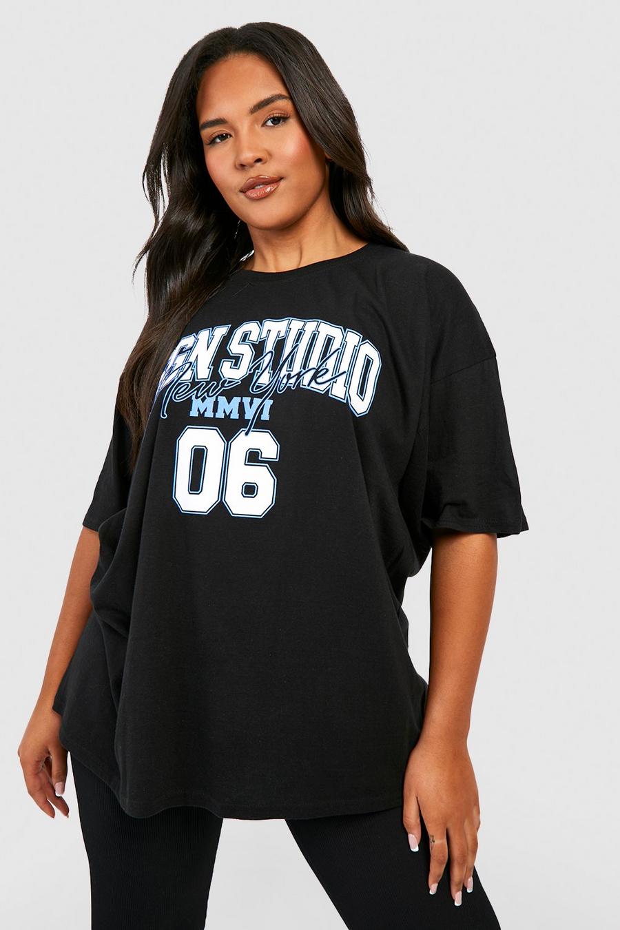 Camiseta Plus oversize con estampado universitario Dsgn Studio, Black image number 1