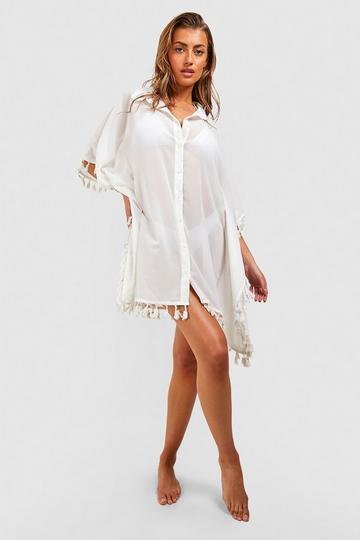 Long Line Strand Blouse Met Kwastjes white