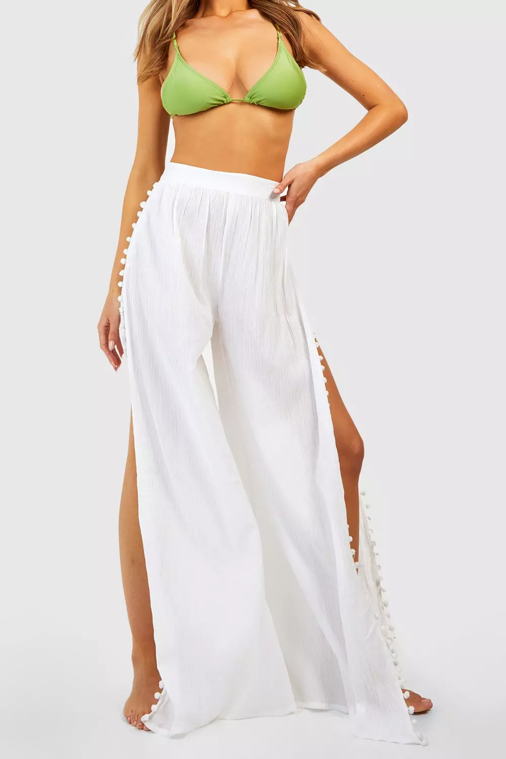 White Pom Pom Split Beach Trousers صورة بديلة