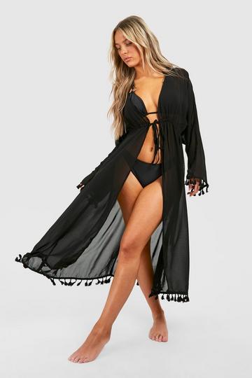 Tassel Trim Tie Beach Kimono black