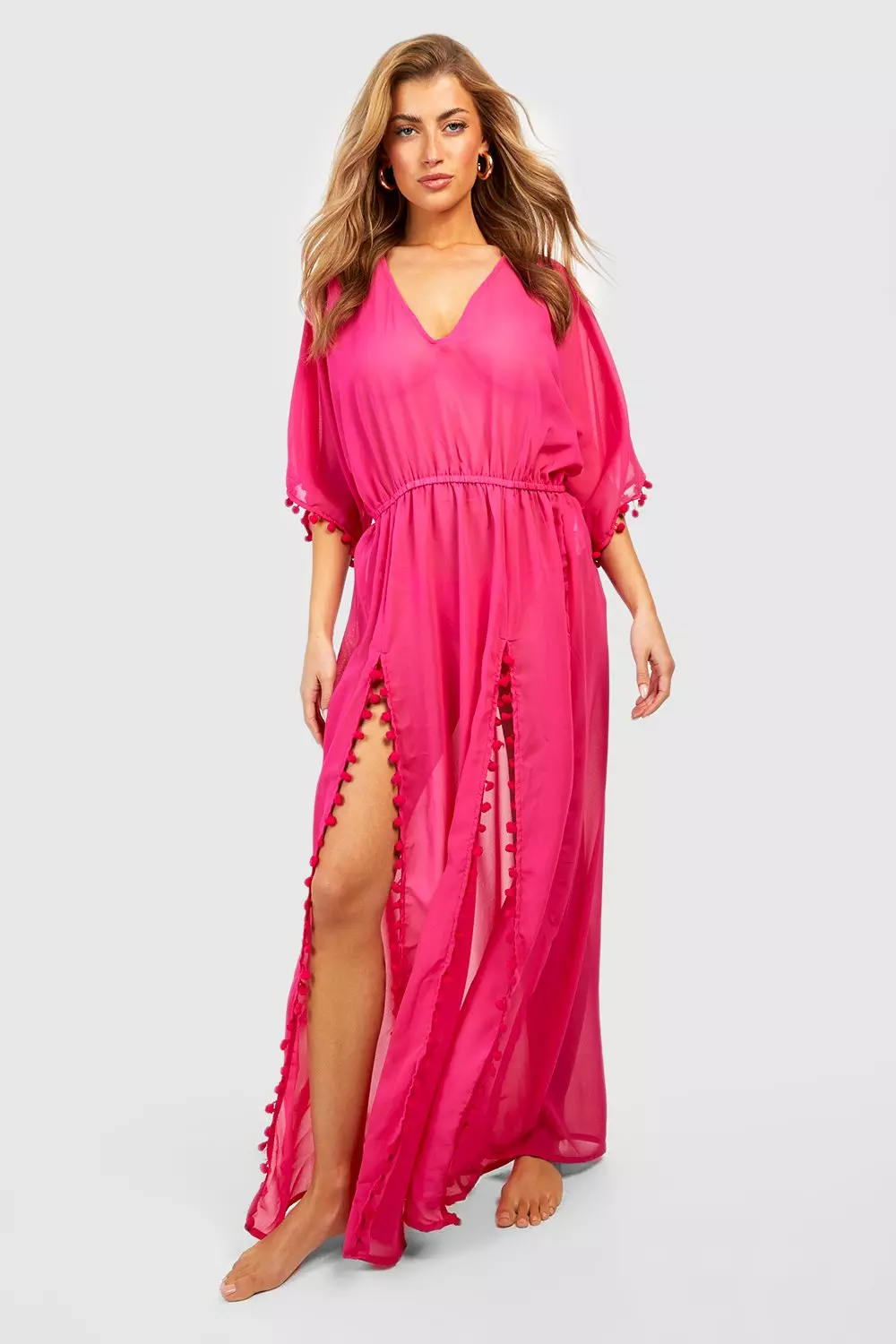 Black Pom Pom Split Sides Maxi Beach Kaftan alternative image