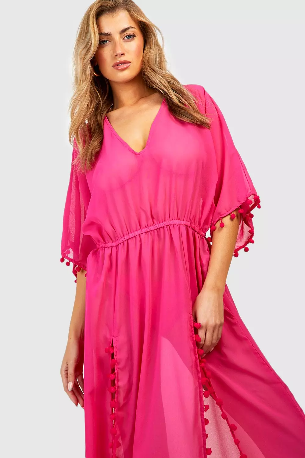 Black Pom Pom Split Sides Maxi Beach Kaftan alternative image