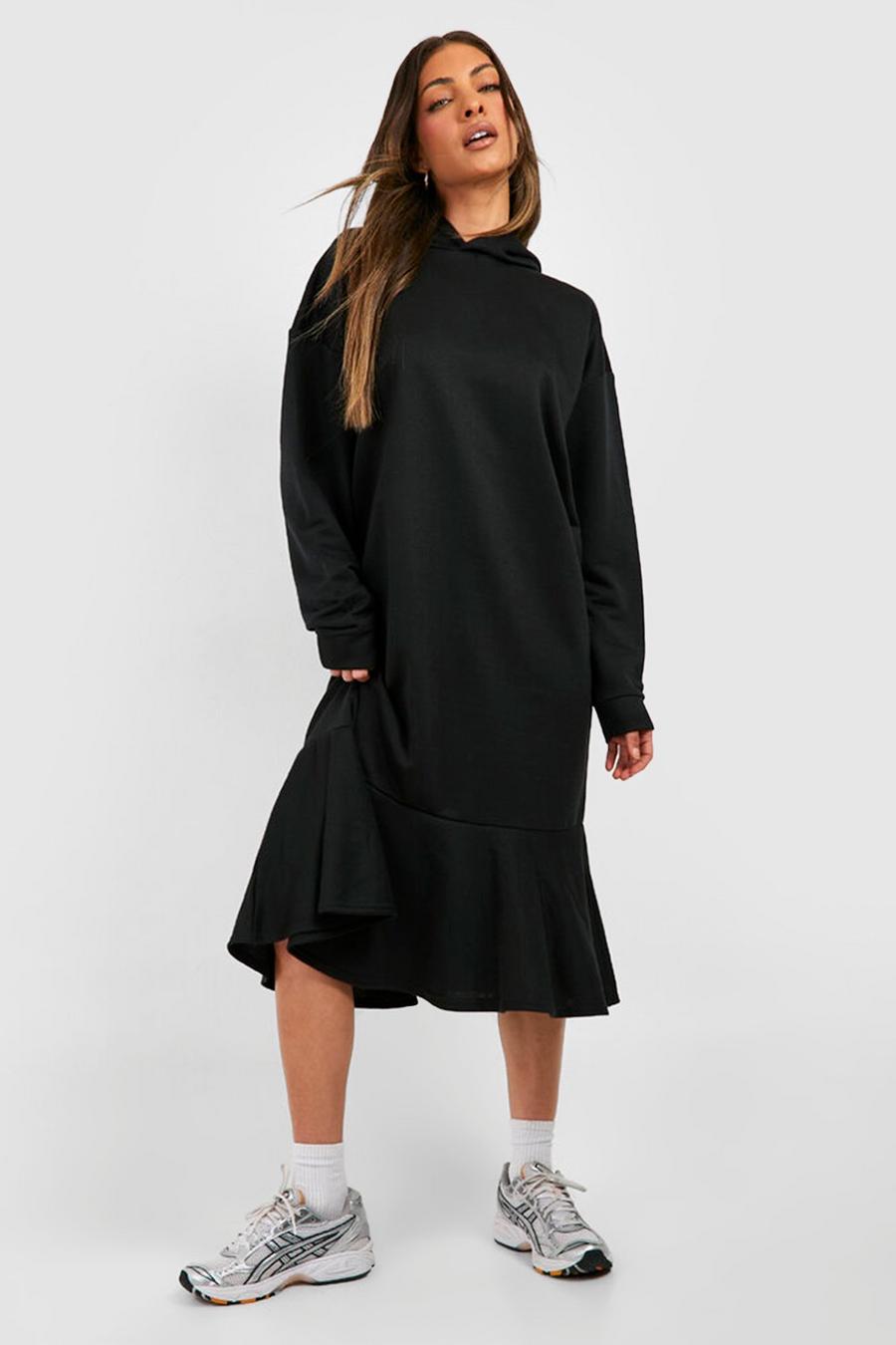 Midi Hoodie Sweatshirt-Kleid mit Rüschen, Black image number 1