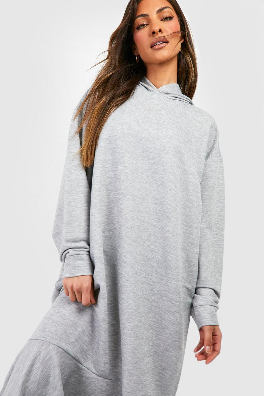 Midi Hoodie Sweatshirt-Kleid mit Rüschen, Grey marl image number 1