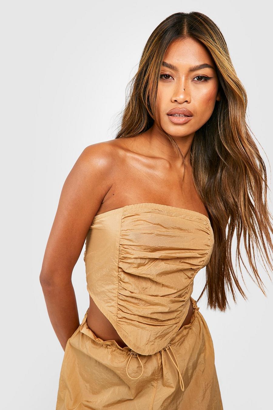 Camel Ruched Front Lace Up Back Corset  image number 1