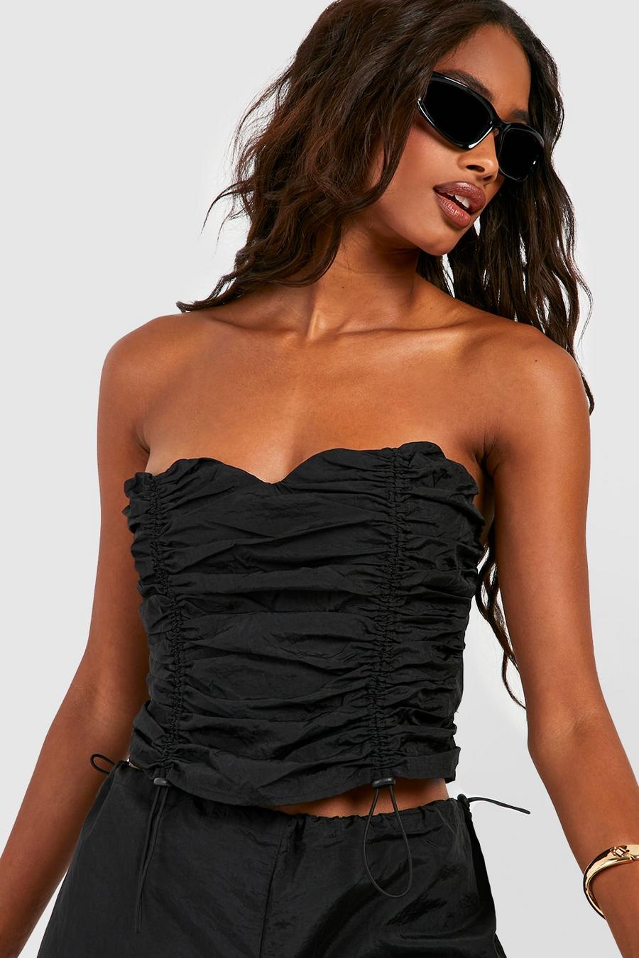 Black svart Ruched Front Drawcord Corset