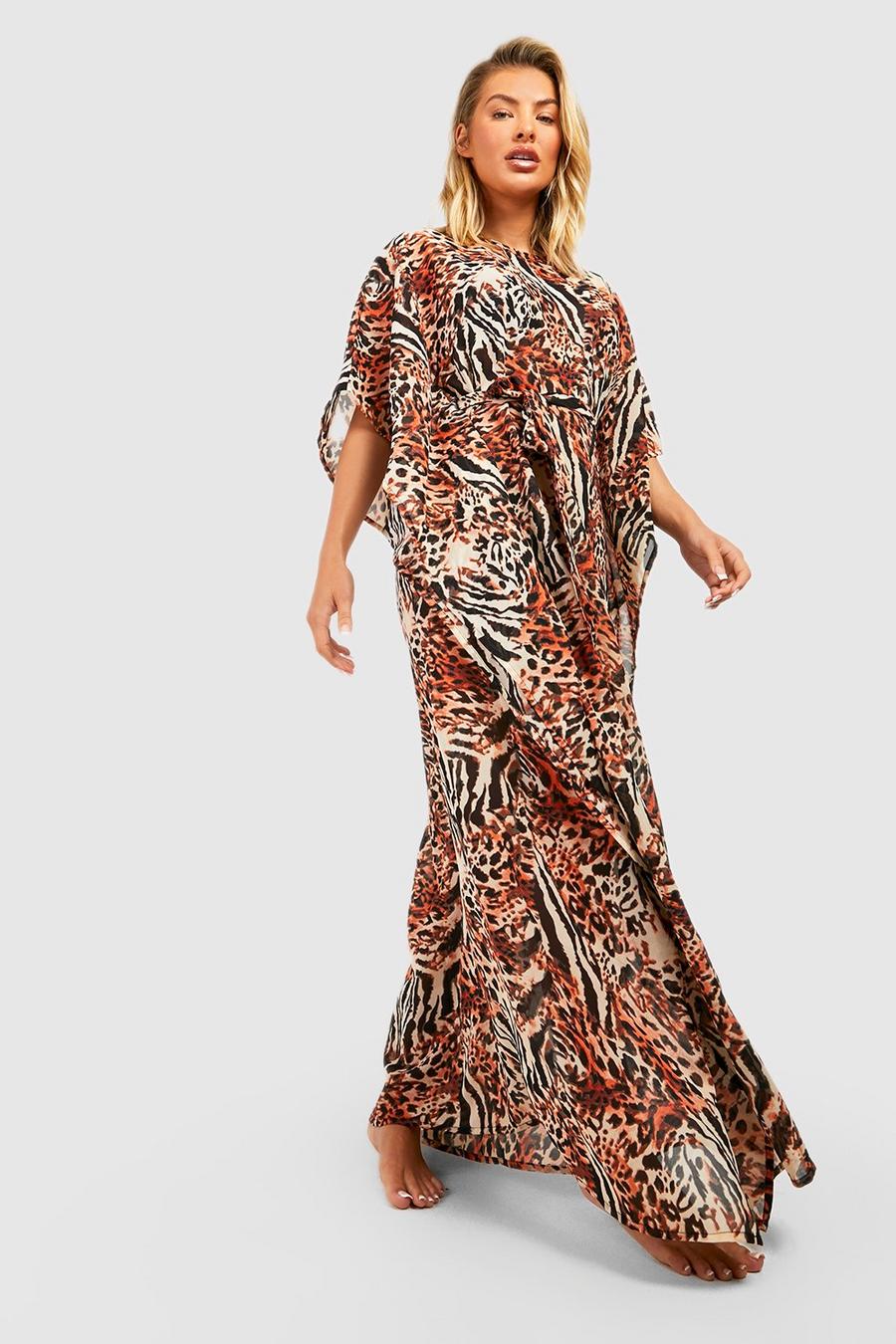 Brown Printed Woven Belted Maxi Beach Kaftan image number 1