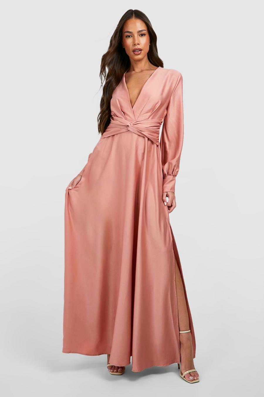 Maxi-Brautjungfernkleid aus Satin mit Twist, Pink rose