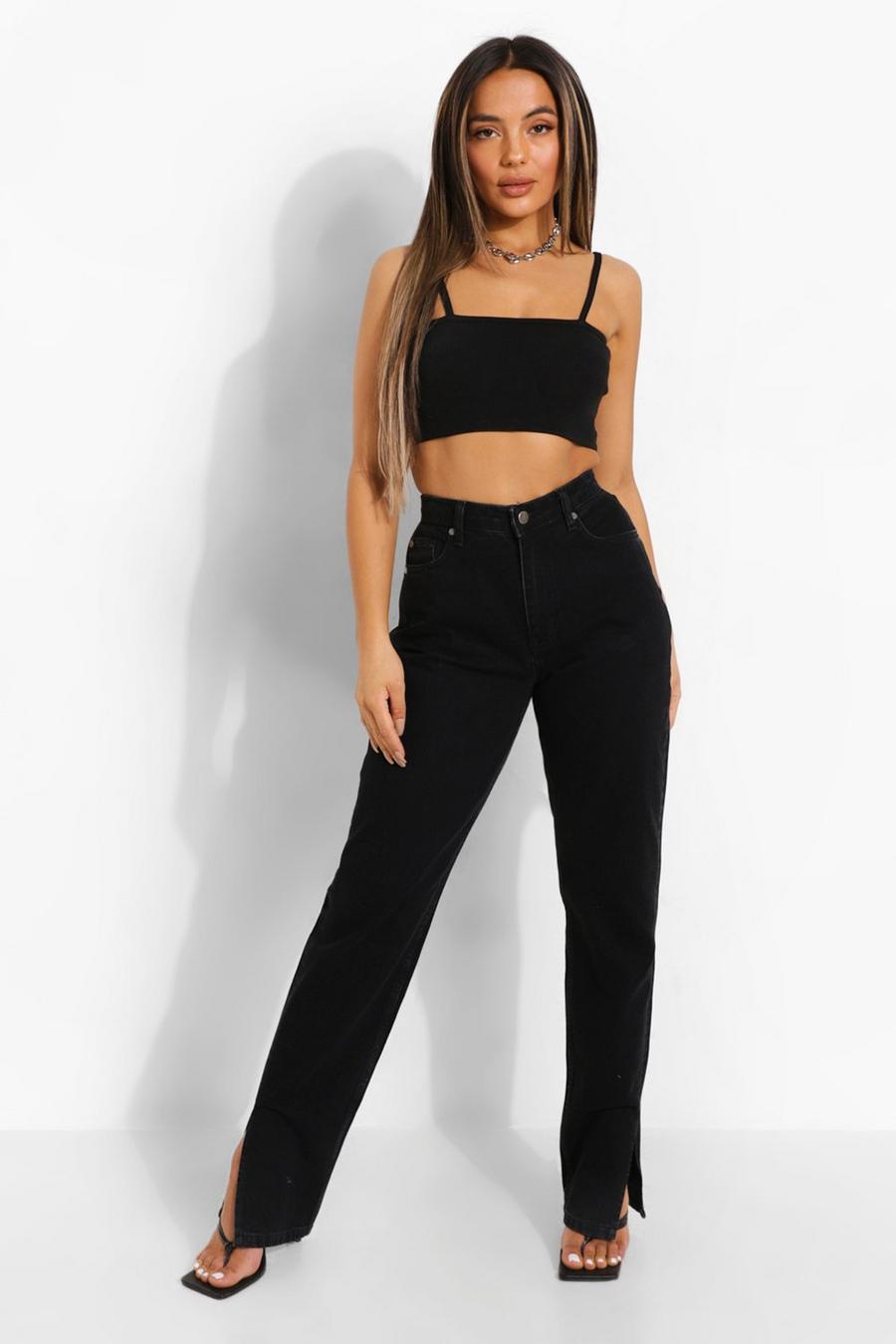 Petite Basic Jeans mit geteiltem Saum und hohem Bund, Black image number 1