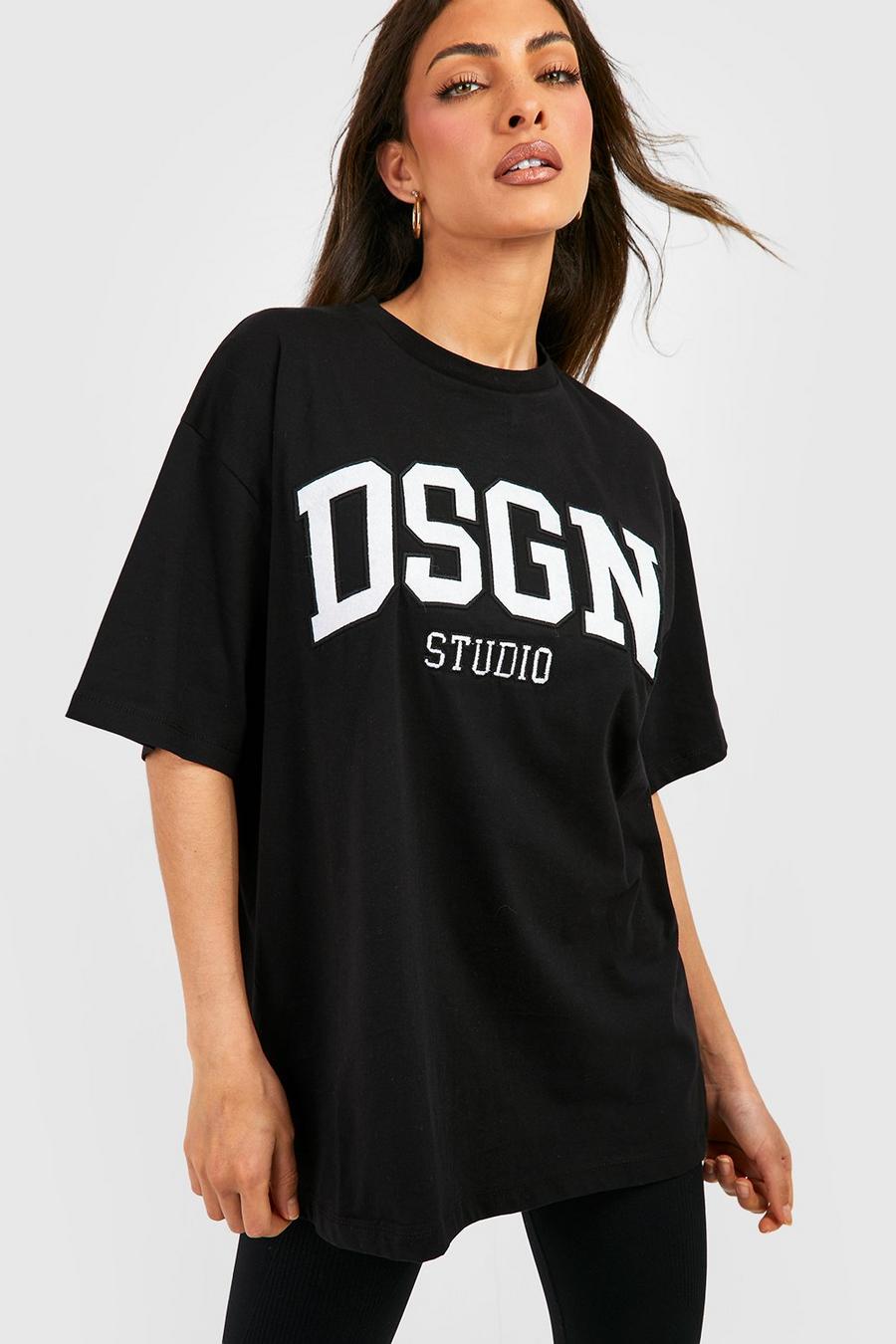 T-shirt oversize con slogan e applique, Black image number 1