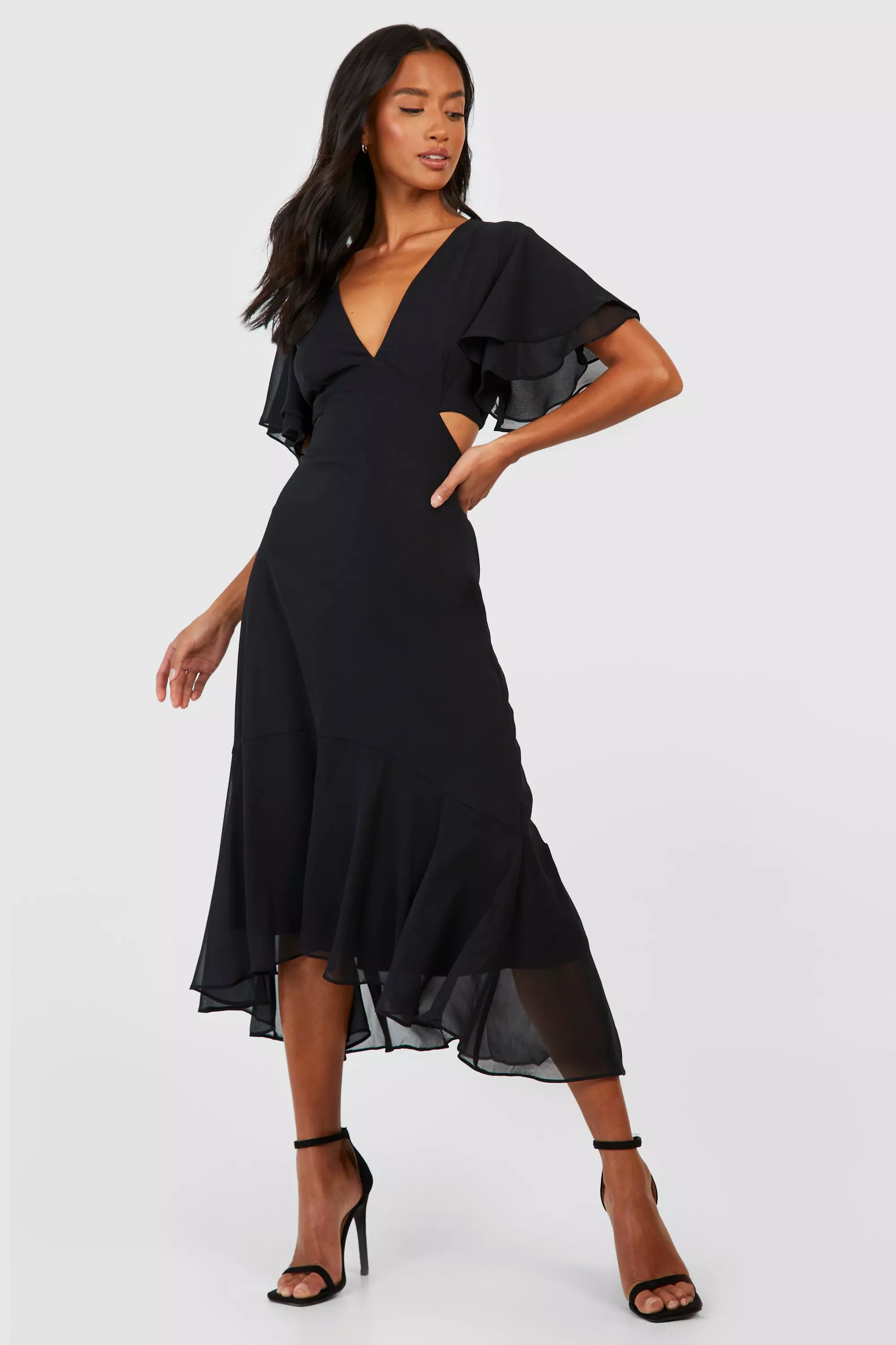 Petite V Neck Angel Sleeve Midi Dress