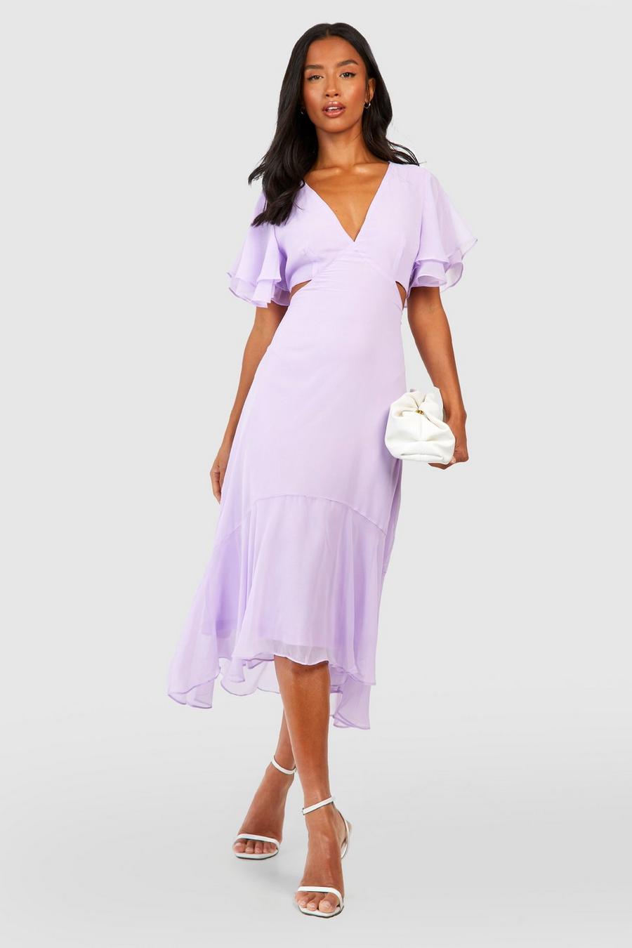 Lilac purple Petite V Neck Angel Sleeve Midi Dress