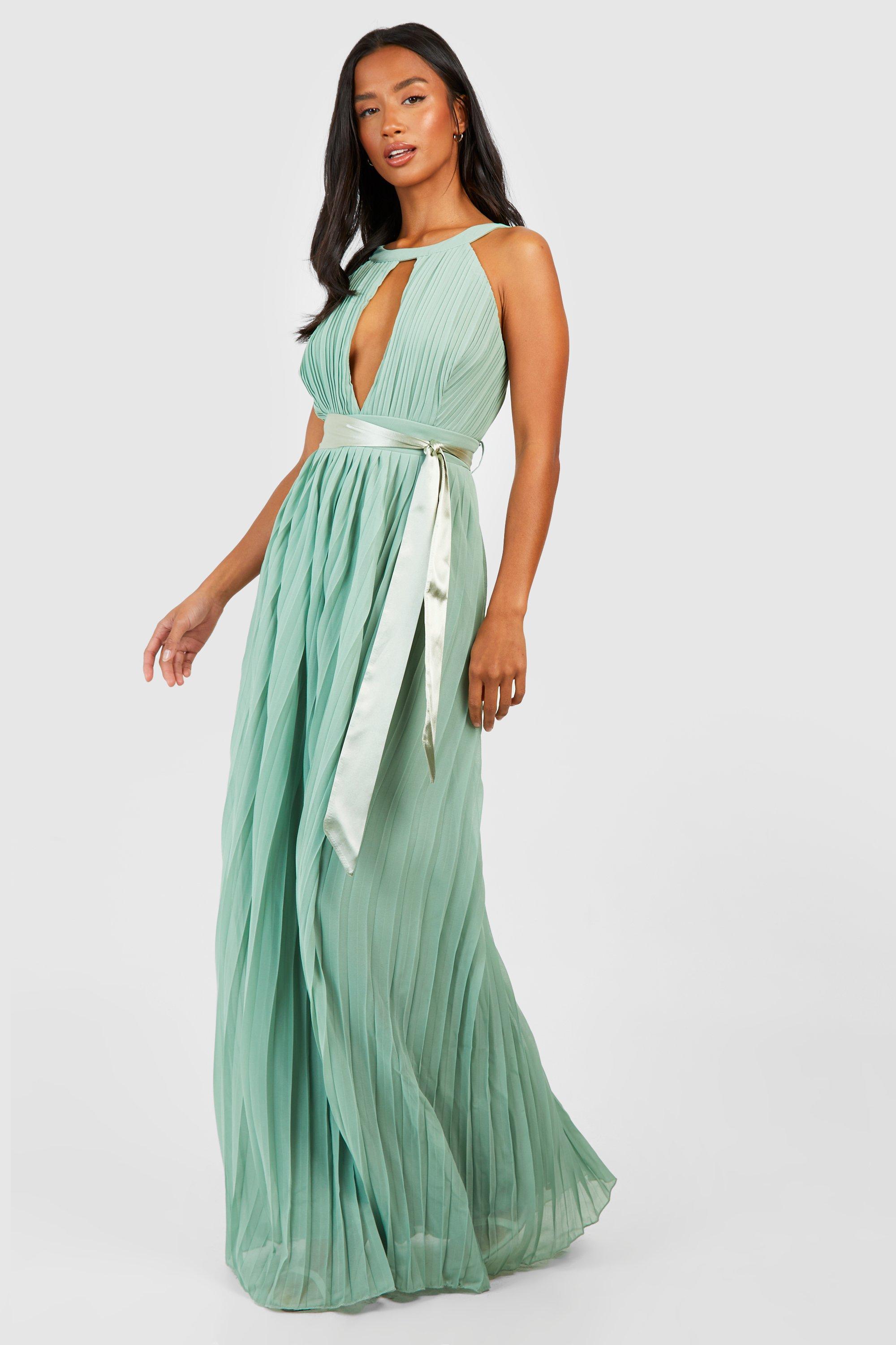 boohoo Petite Pleated Belted Maxi Dress Green Size 2