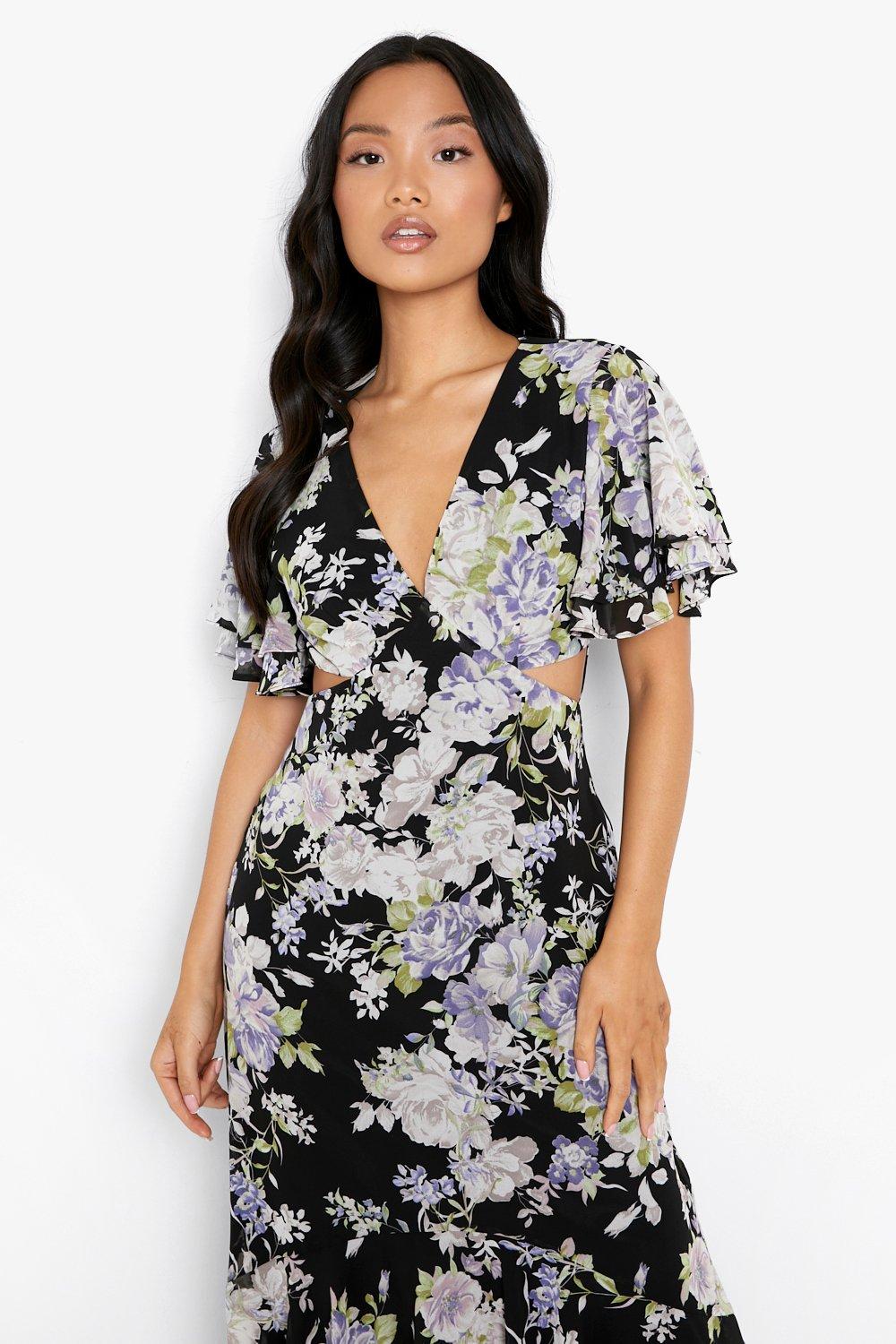 Petite Floral Print Angel Sleeve Maxi Dress