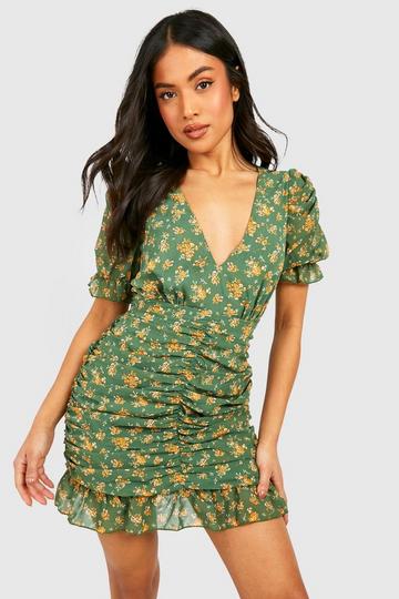 Petite Floral Ruched Mini Dress green