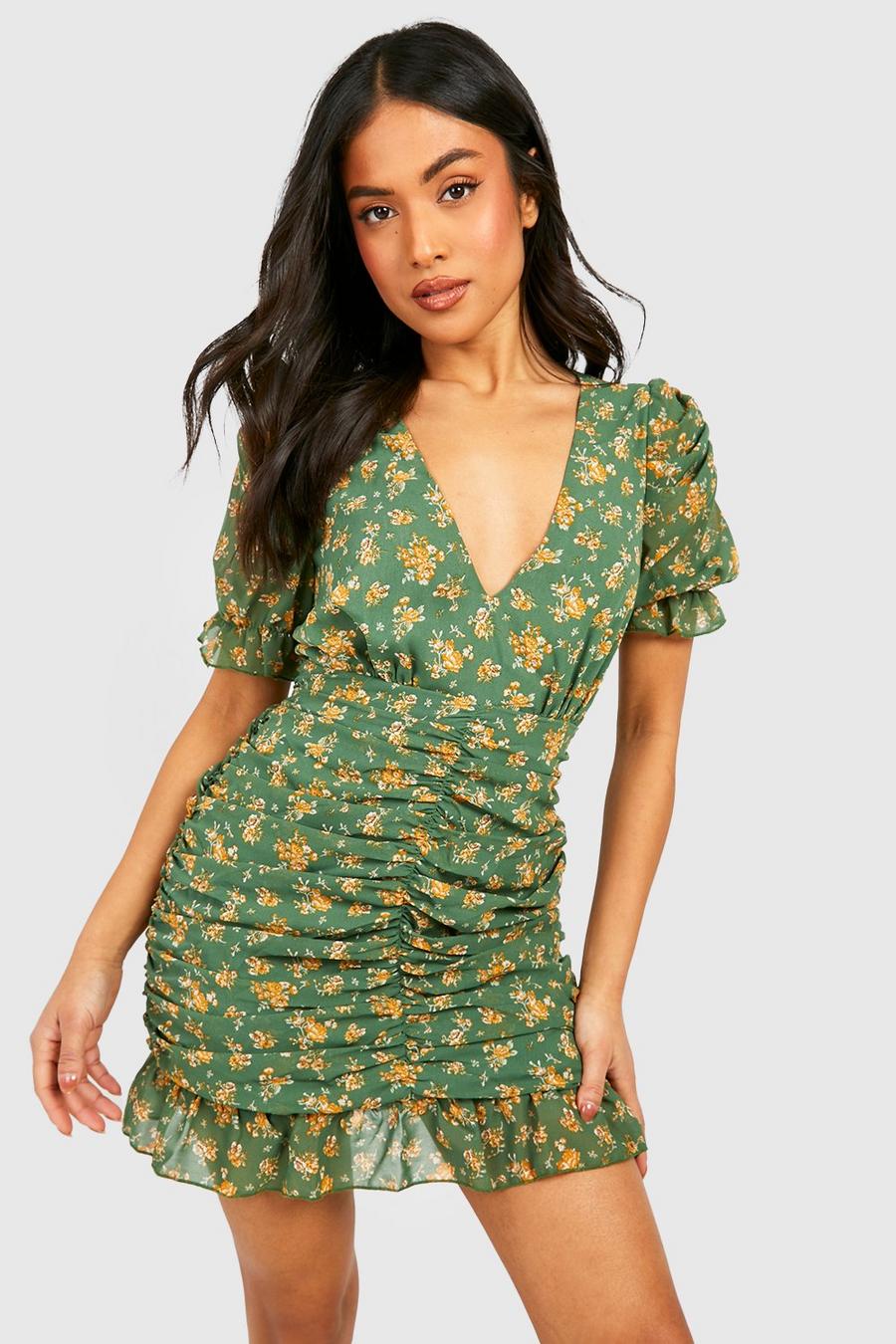 Green Petite Floral Ruched Mini Dress image number 1