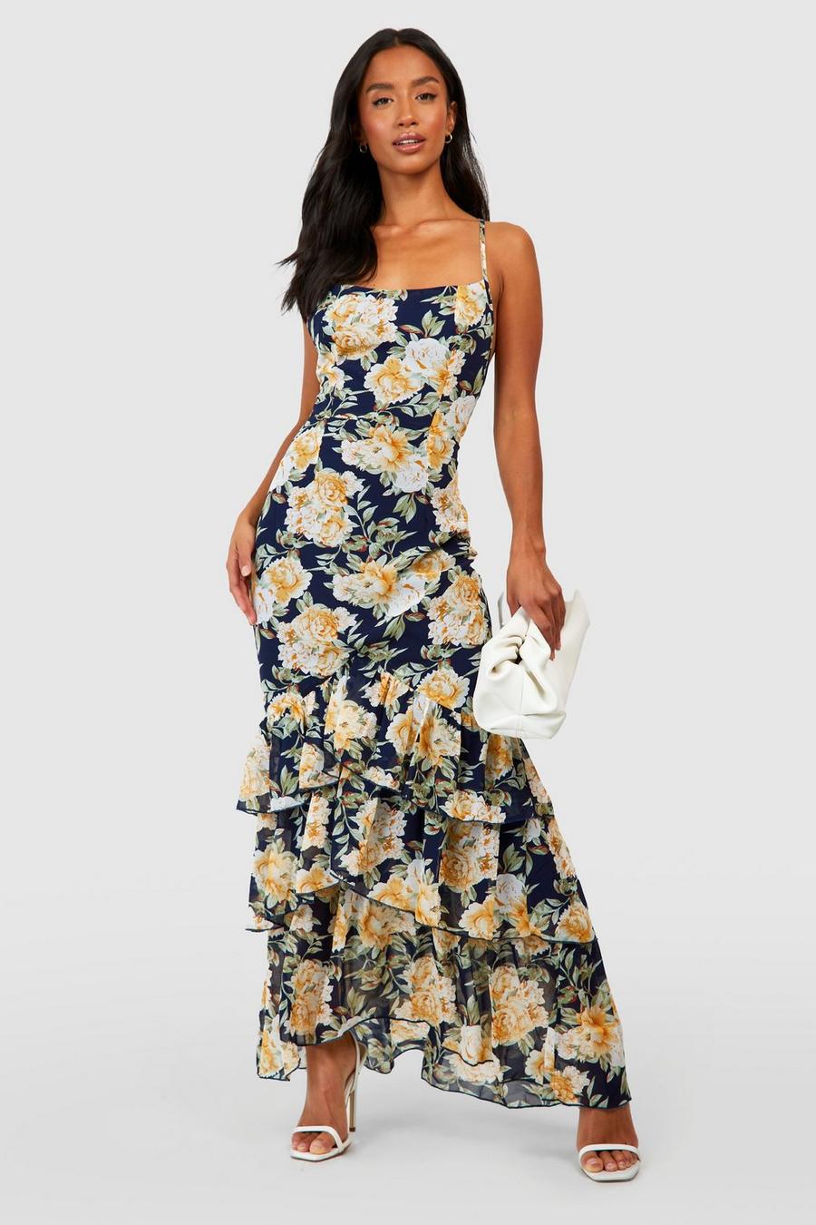 Petite Floral Tiered Ruffle Fitted Maxi Dress, Navy blu oltremare