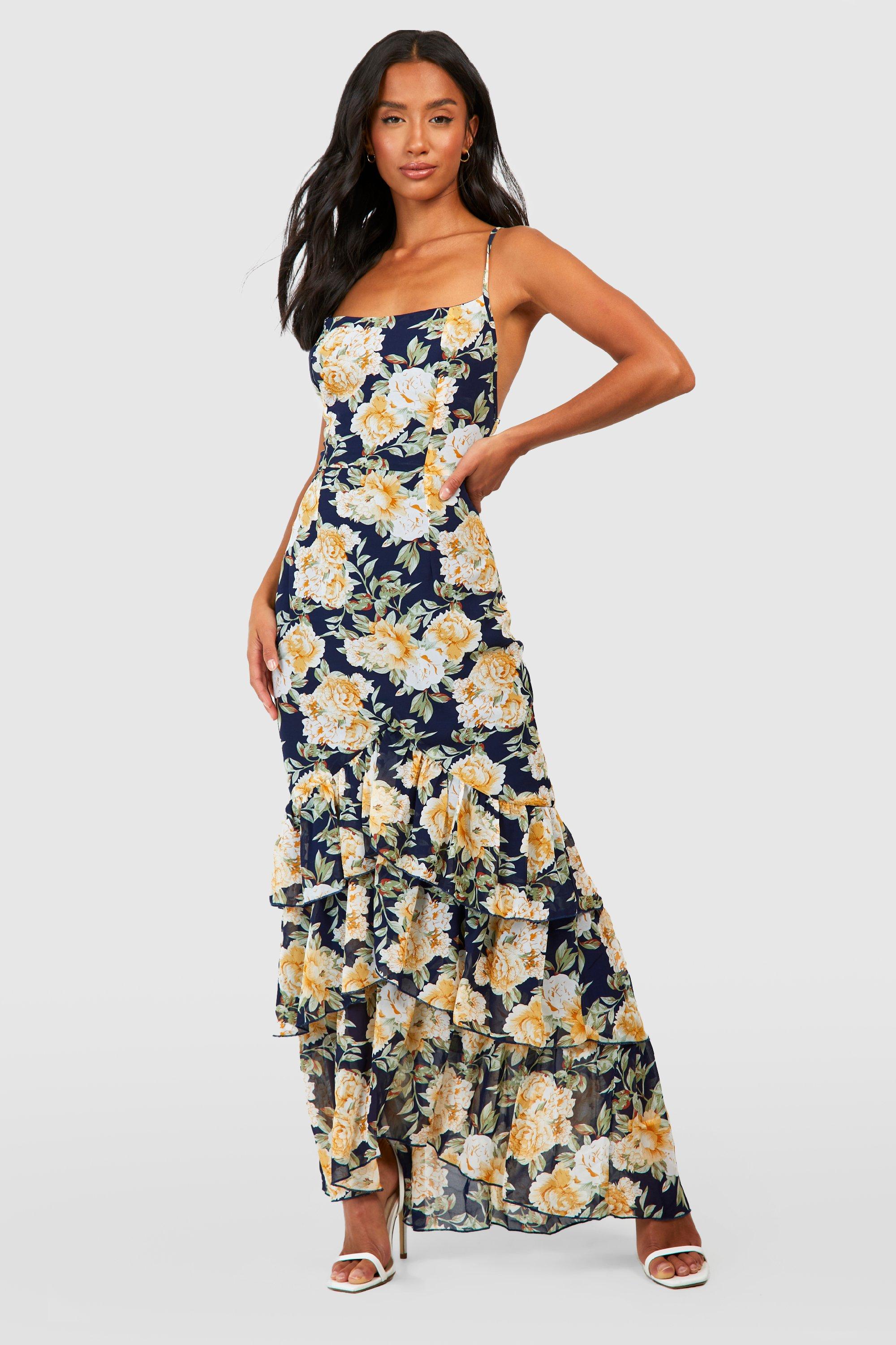 Petite Floral Tiered Ruffle Fitted Maxi Dress