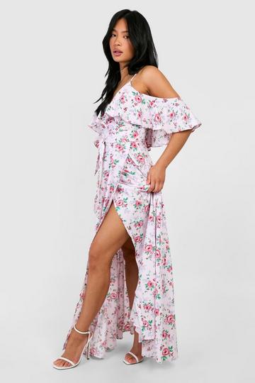 Rose Pink Petite Floral Wrap Cold Shoulder Maxi Dress