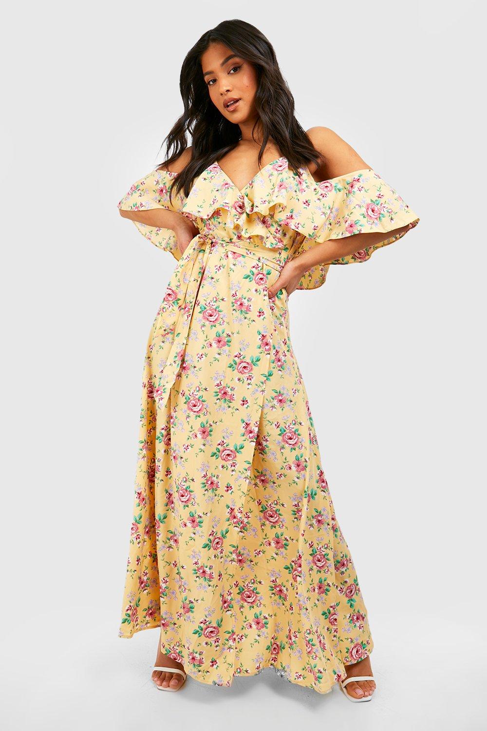 Yellow floral off on sale the shoulder maxi dress