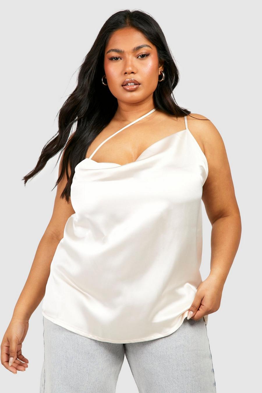 Champagne beige Plus Asymmetric Satin Cowl Camisole image number 1