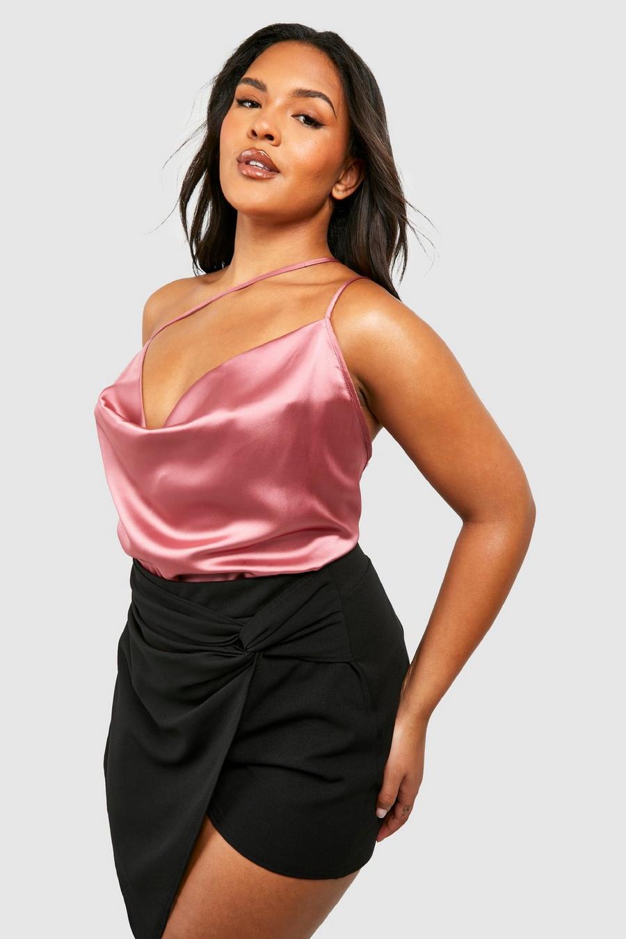 Rust pink Plus Asymmetric Satin Cowl Camisole image number 1