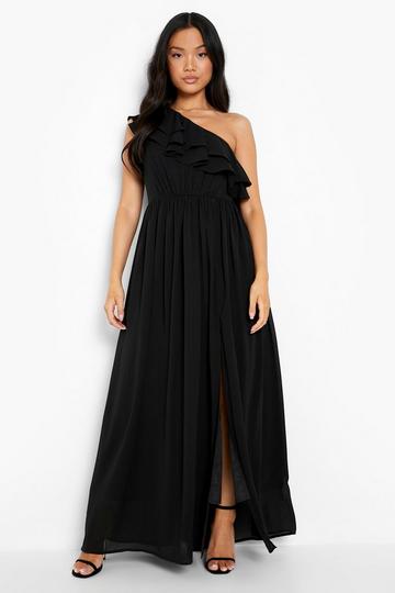 Black Petite Chiffon Asymmetric Ruffle Maxi Dress