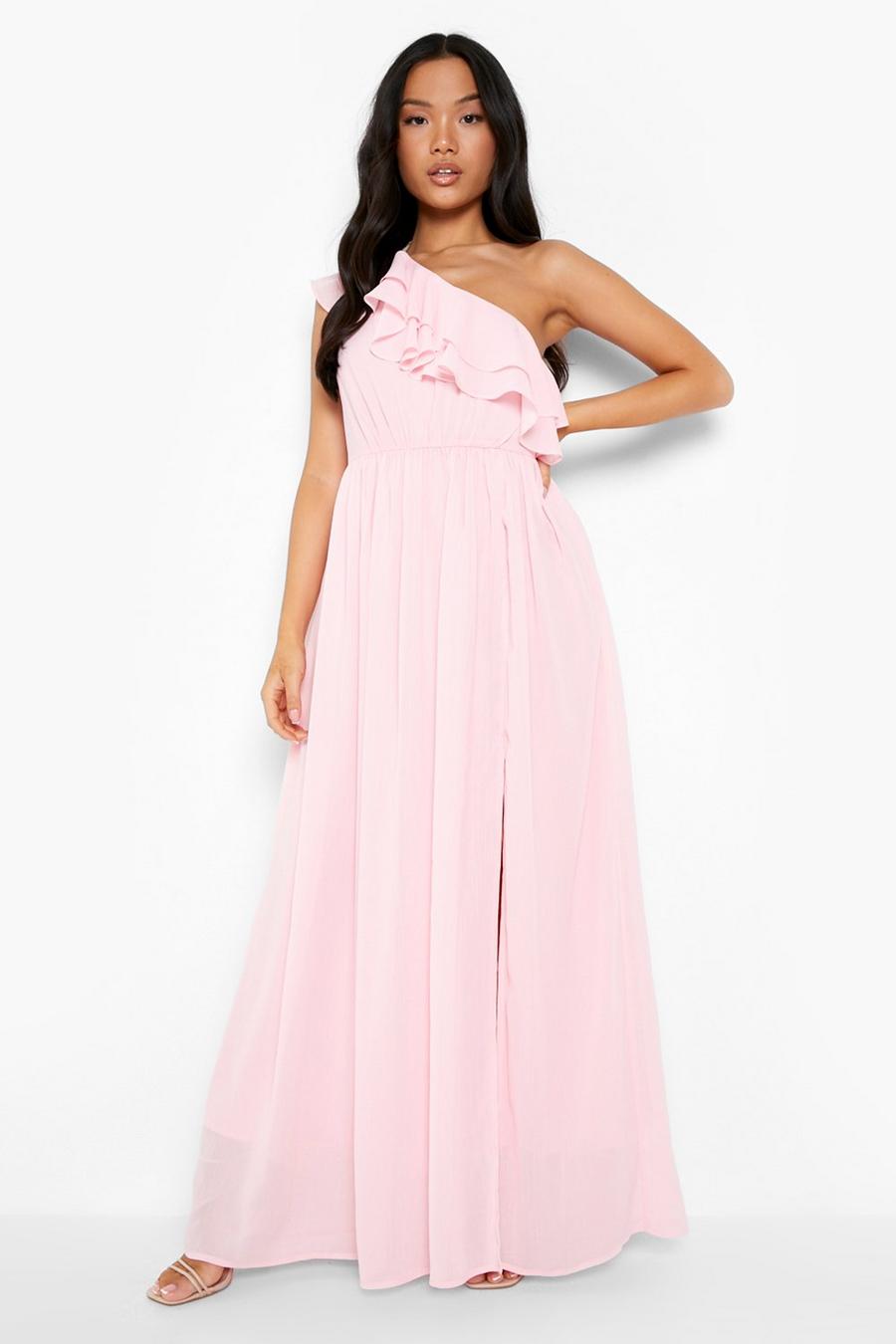 Blush pink Petite Chiffon Asymmetric Ruffle Maxi Dress