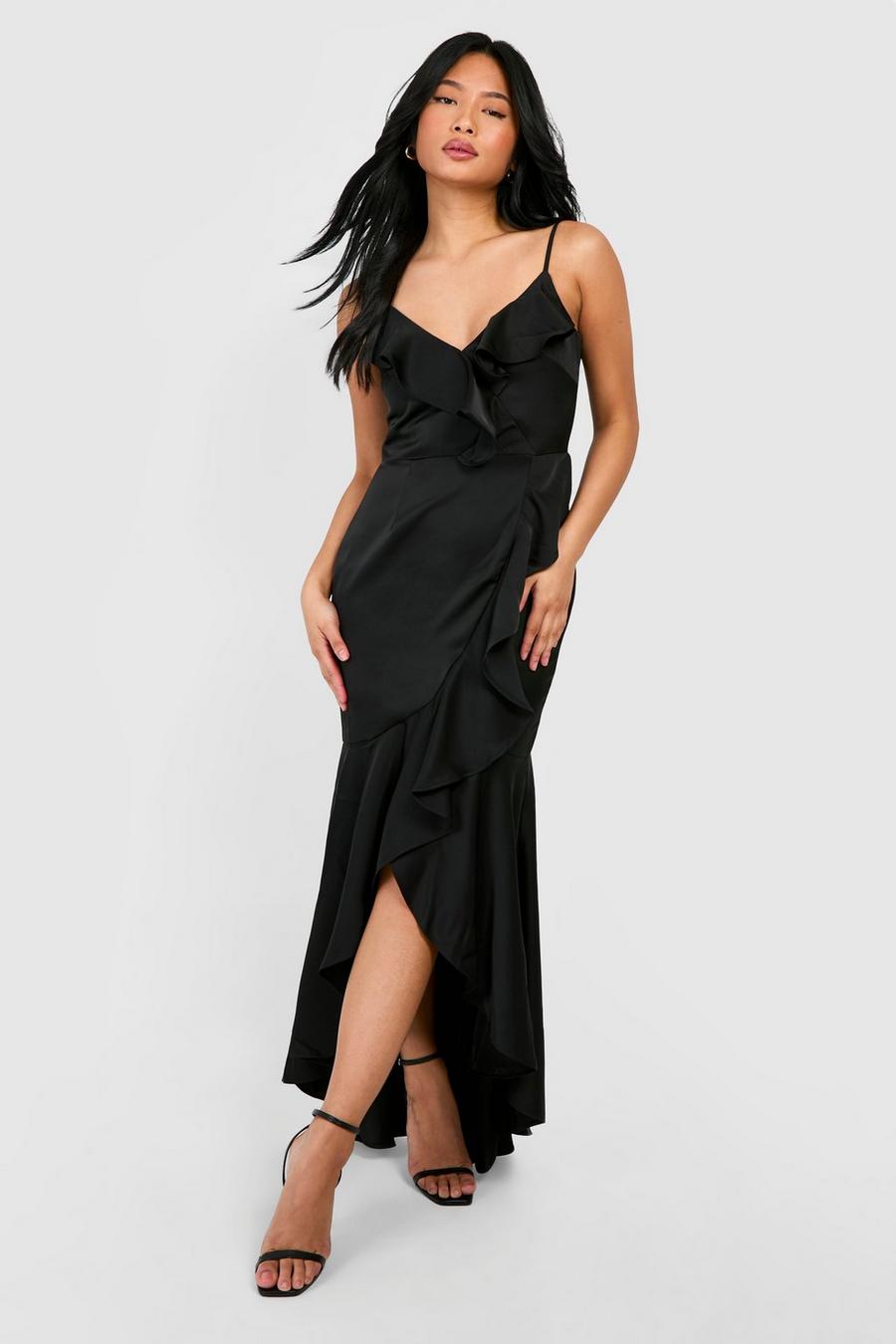 Black Petite Premium Satin Ruffle Detail Maxi Dress image number 1