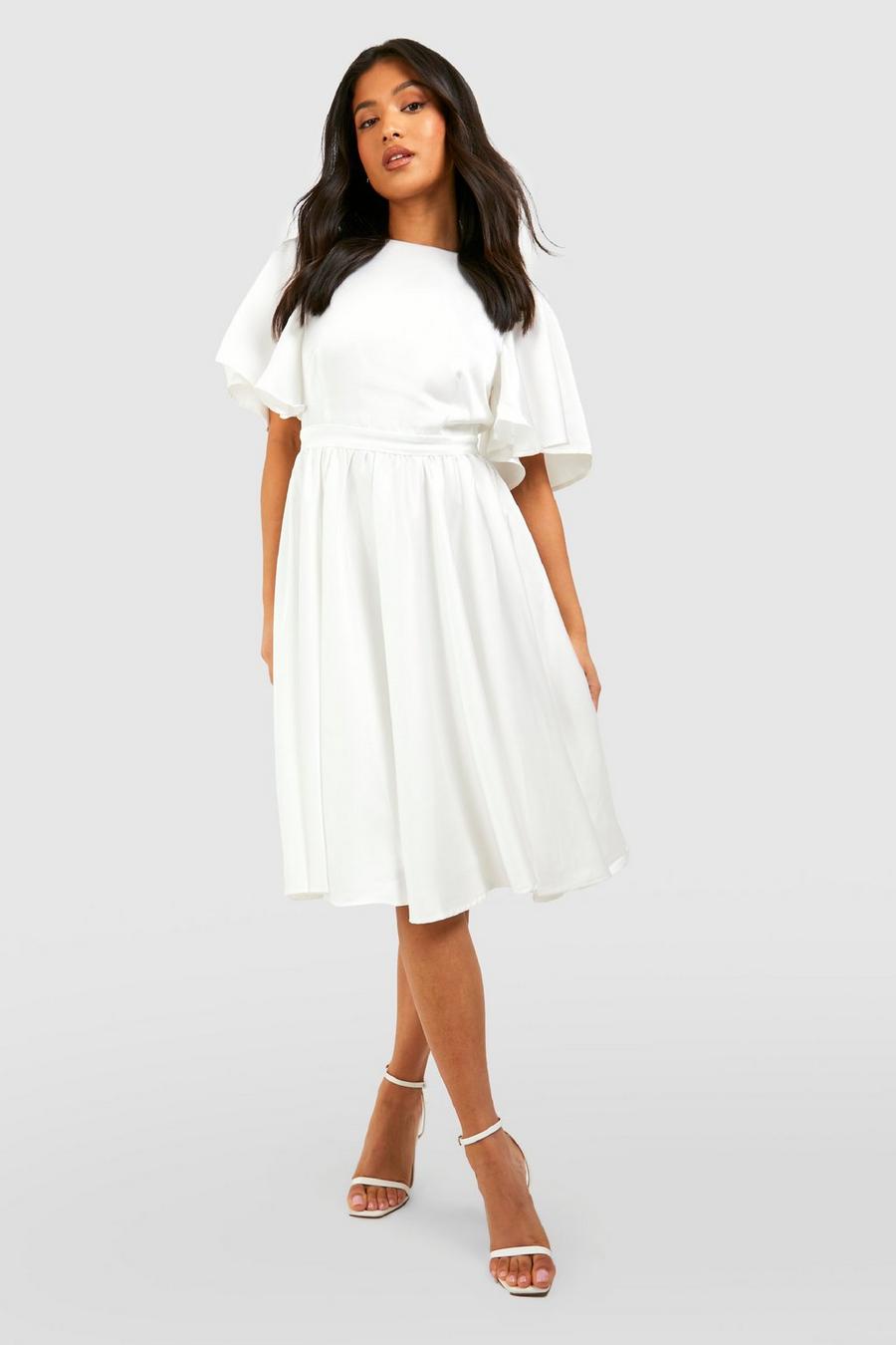 Ivory white Petite Premium Satin Angel Sleeve Midi Dress image number 1