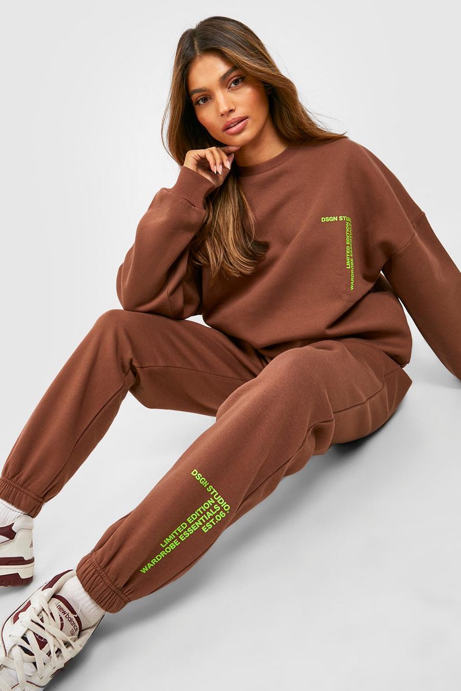 Chocolate Text Print Slogan Sweater Tracksuit  image number 1