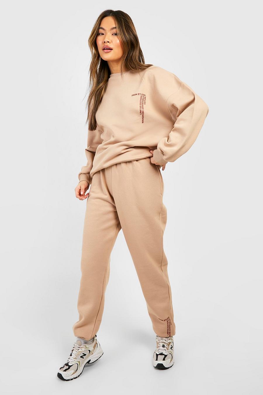 Taupe Text Print Slogan Sweater Tracksuit image number 1