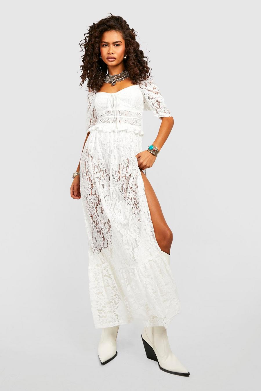 Ivory white Puff Sleeve Lace Maxi Dress