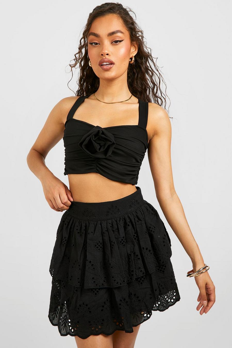 Black Broderie Ruffle Hem Mini Skirt image number 1