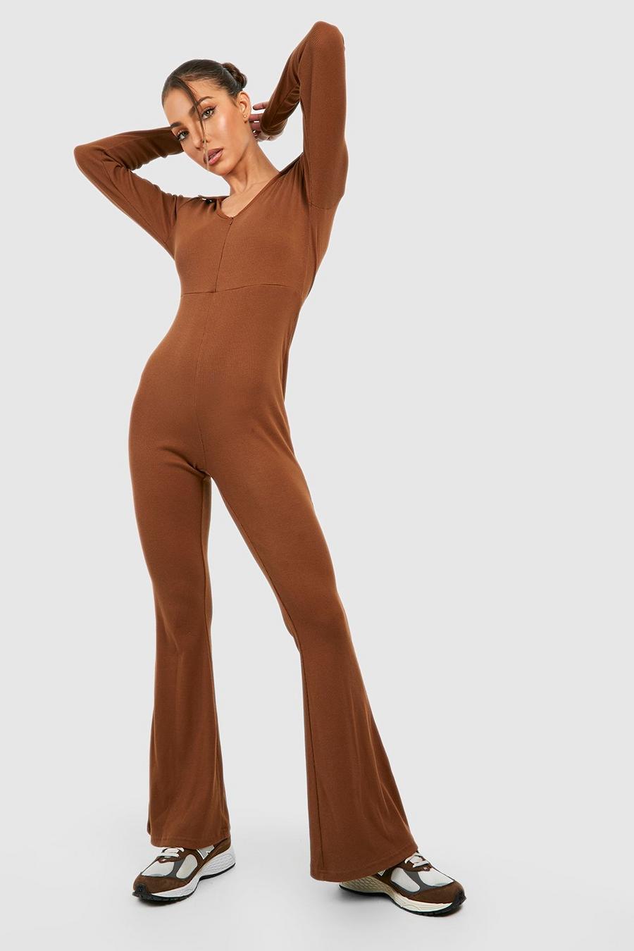 Chocolate Zip Up Collared Wide Leg Jumpsuit image number 1