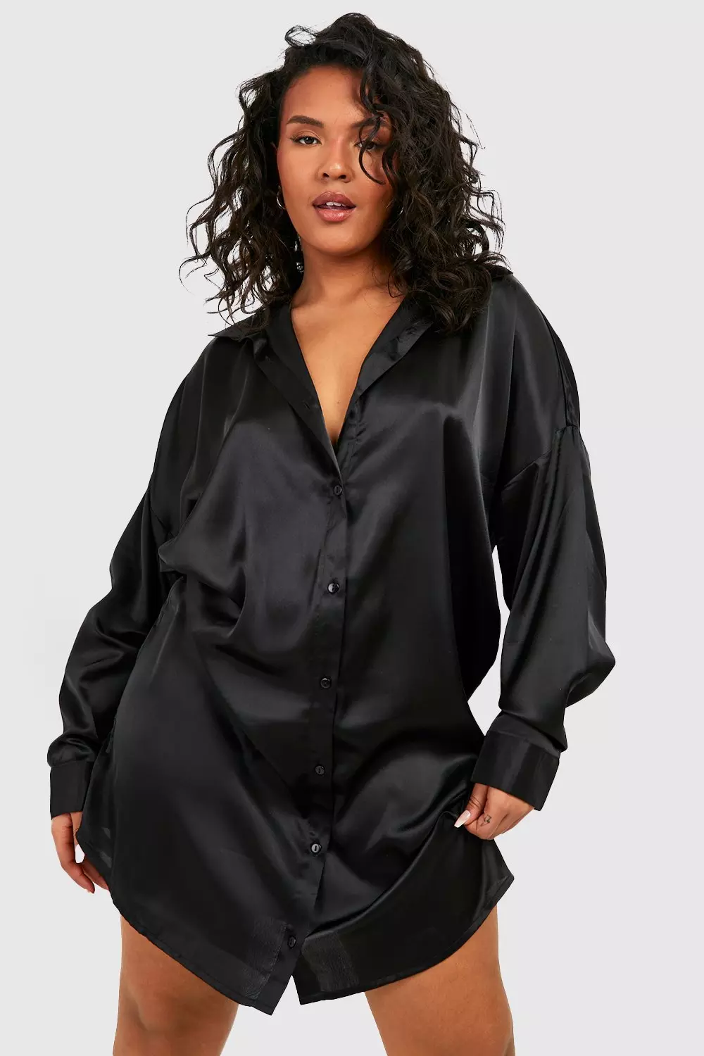 Black satin button front best sale shirt dress