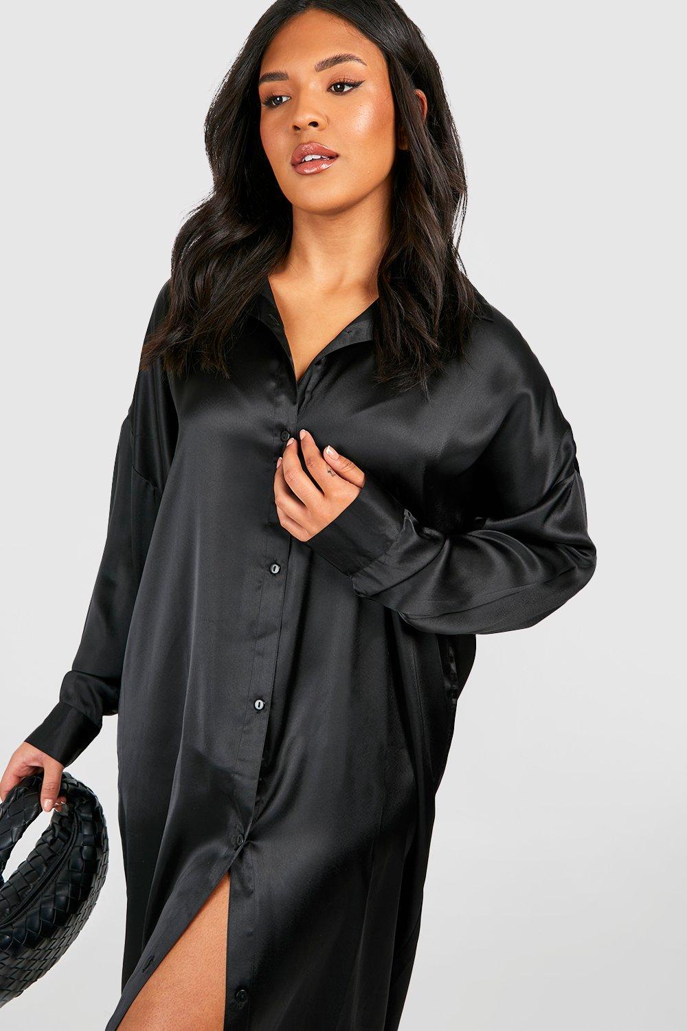 Black satin best sale midi shirt dress