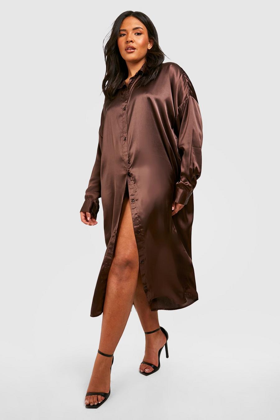 Grande taille - Robe chemise mi-longue satinée, Chocolate image number 1