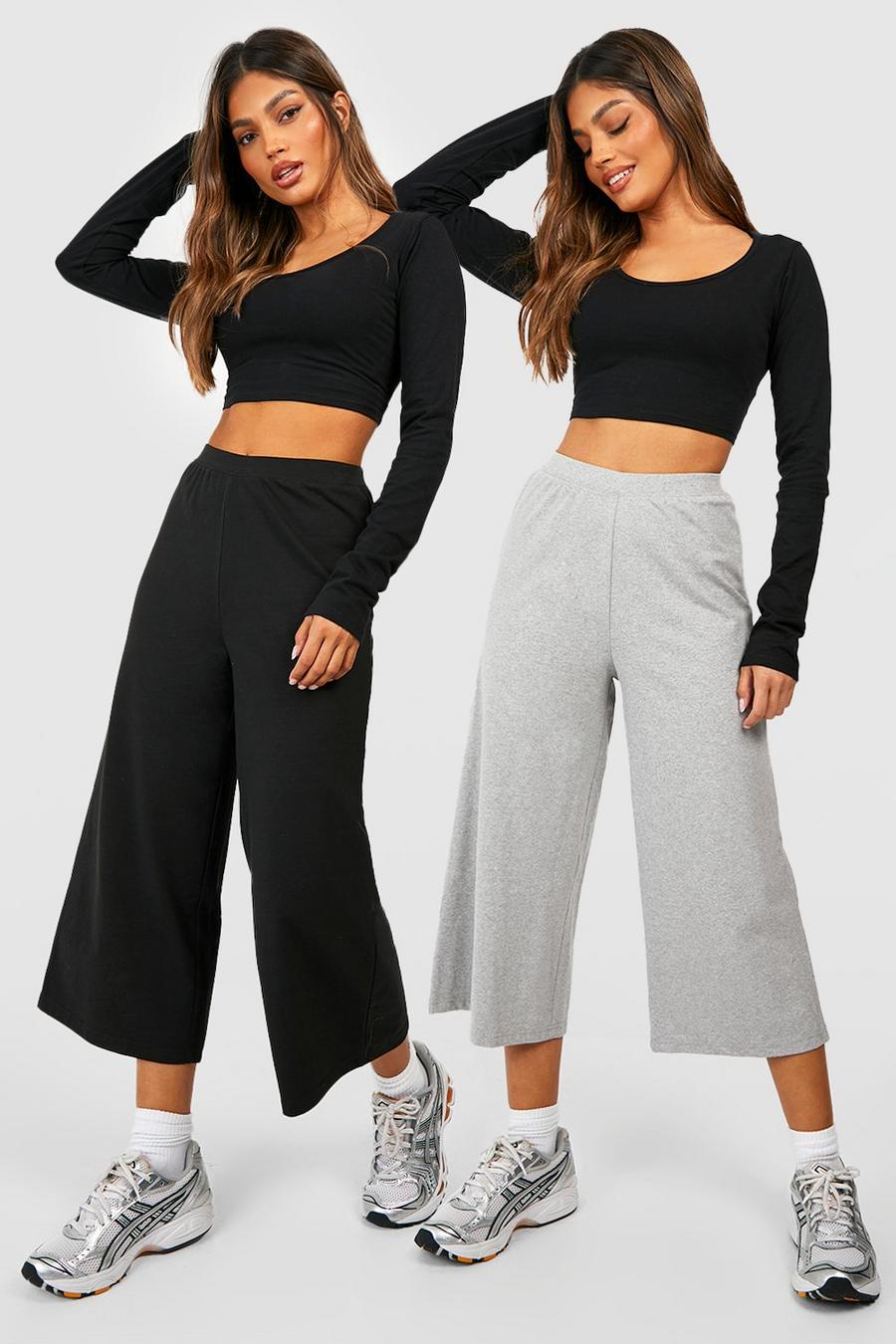 Cotton 2 Pack Black & Grey High Waisted Culotte Trousers image number 1