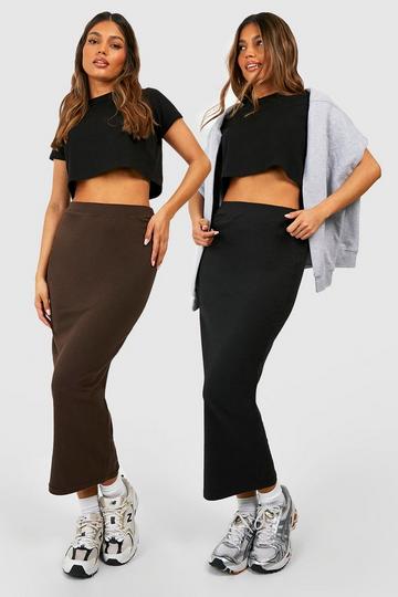 Black Cotton 2 Pack Black & Chocolate High Midi Skirts