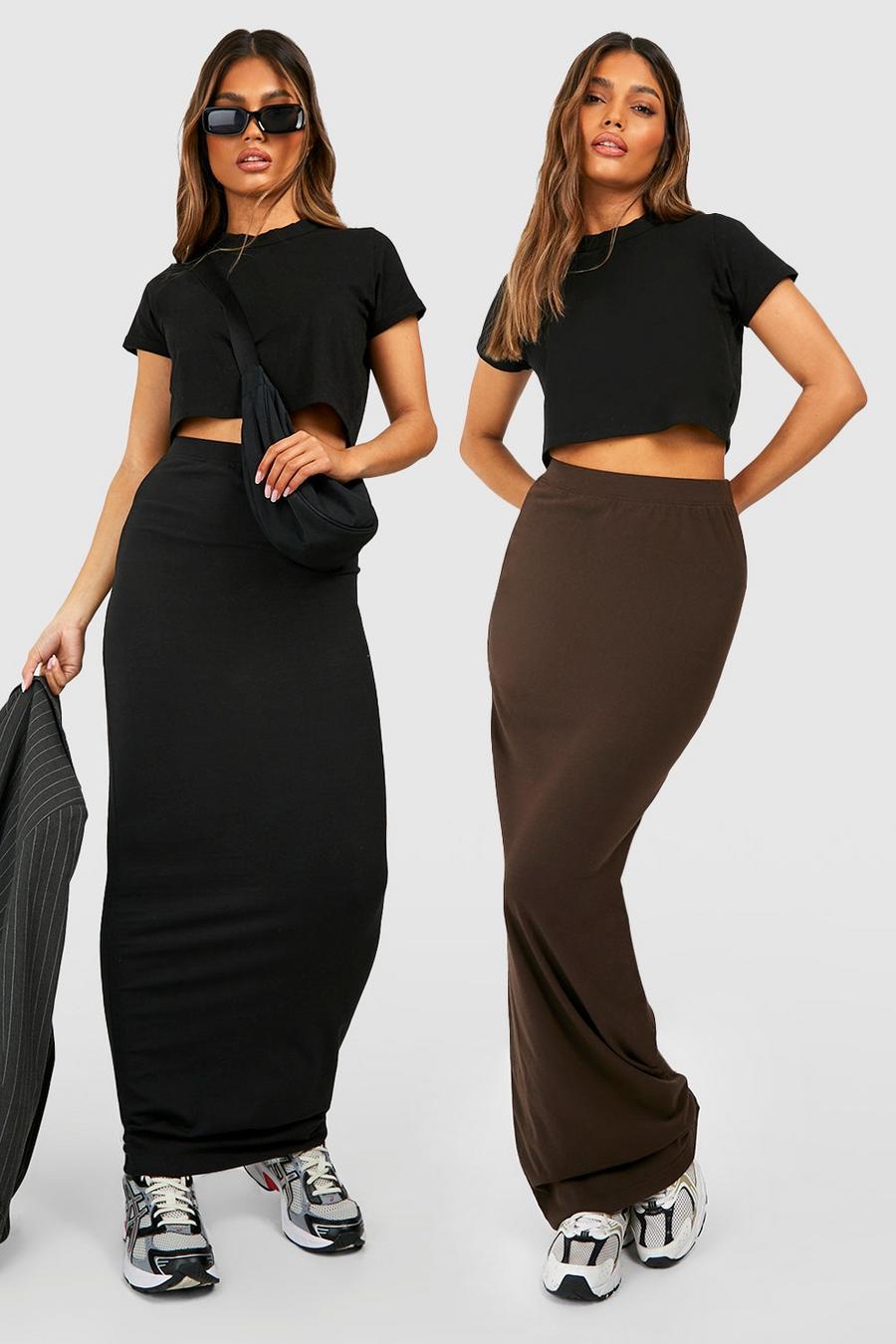 Cotton 2 Pack Black & Chocolate High Waisted Maxi Skirt image number 1