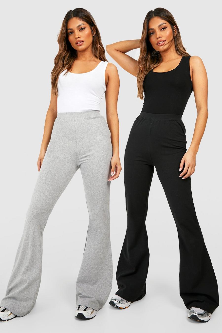Cotton 2 Pack Black & Grey High Waisted Flared Trousers image number 1