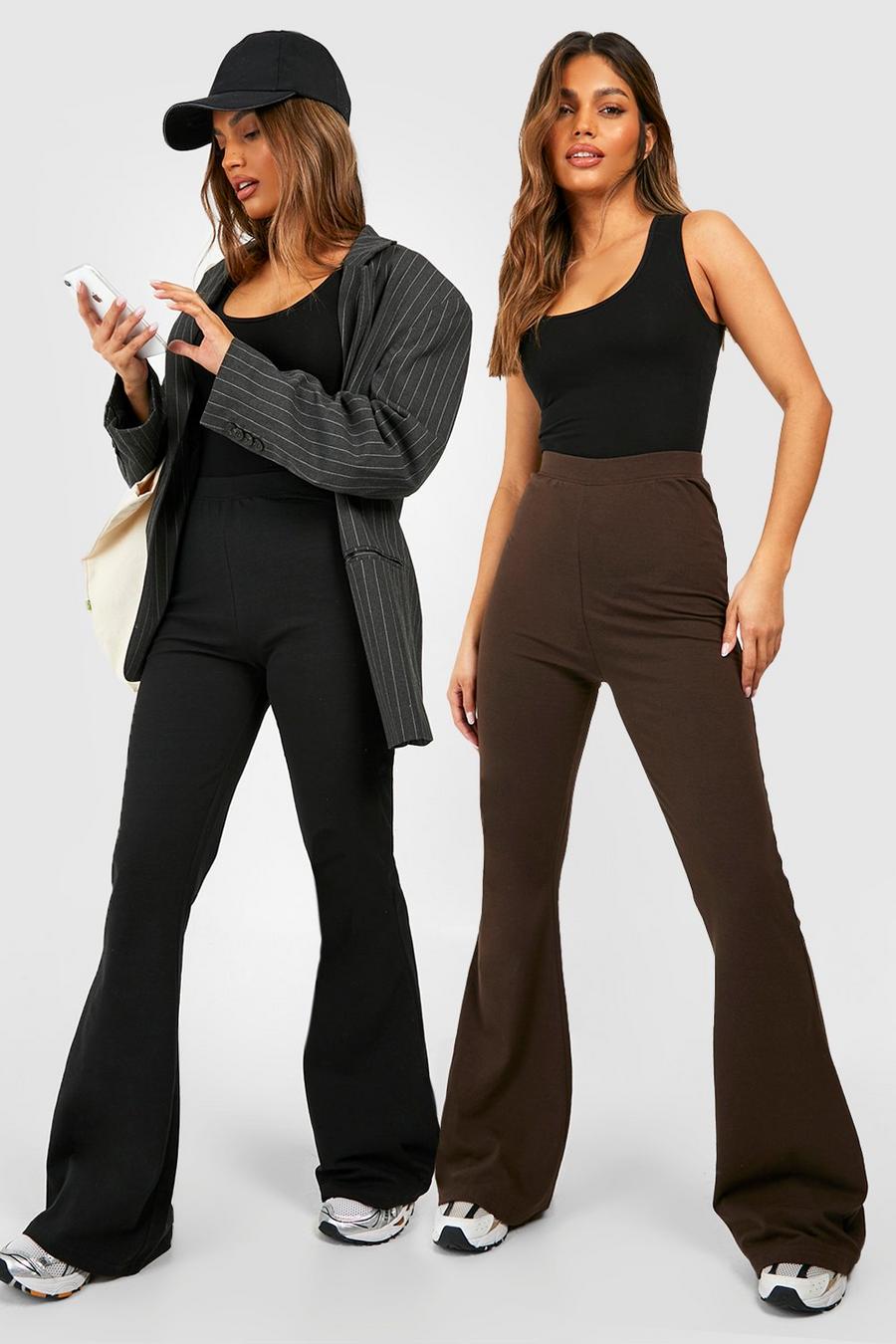 Cotton 2 Pack Black & Chocolate High Waisted Flared Pants image number 1