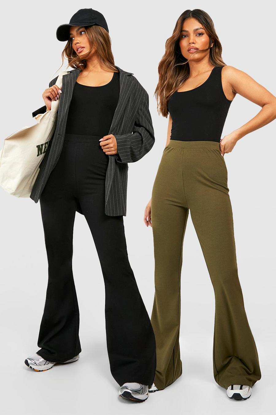 Cotton 2 Pack Black & Khaki High Waisted Flared Trousers image number 1