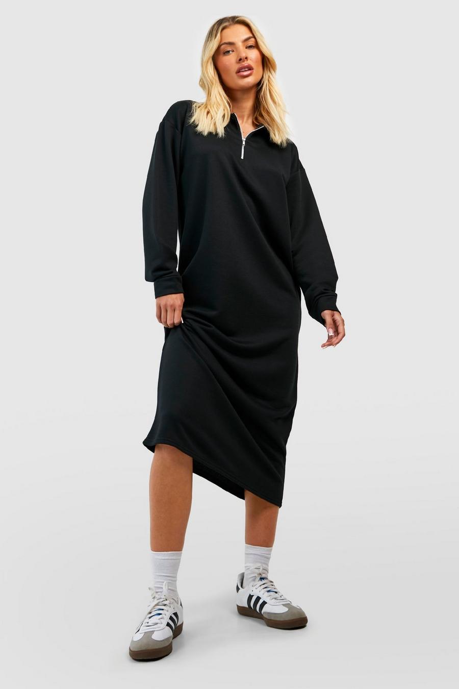 Black Half Zip Through Sweat Midi Dress