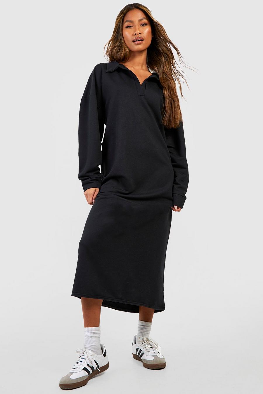 Black Oversized V Neck Collar Midi Sweat Dress