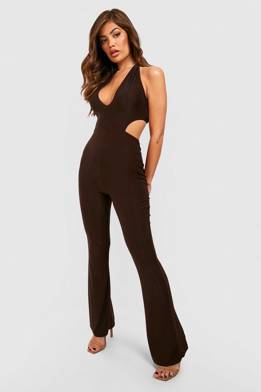 Chocolate brown Plunge Open Back Slinky Jumpsuit