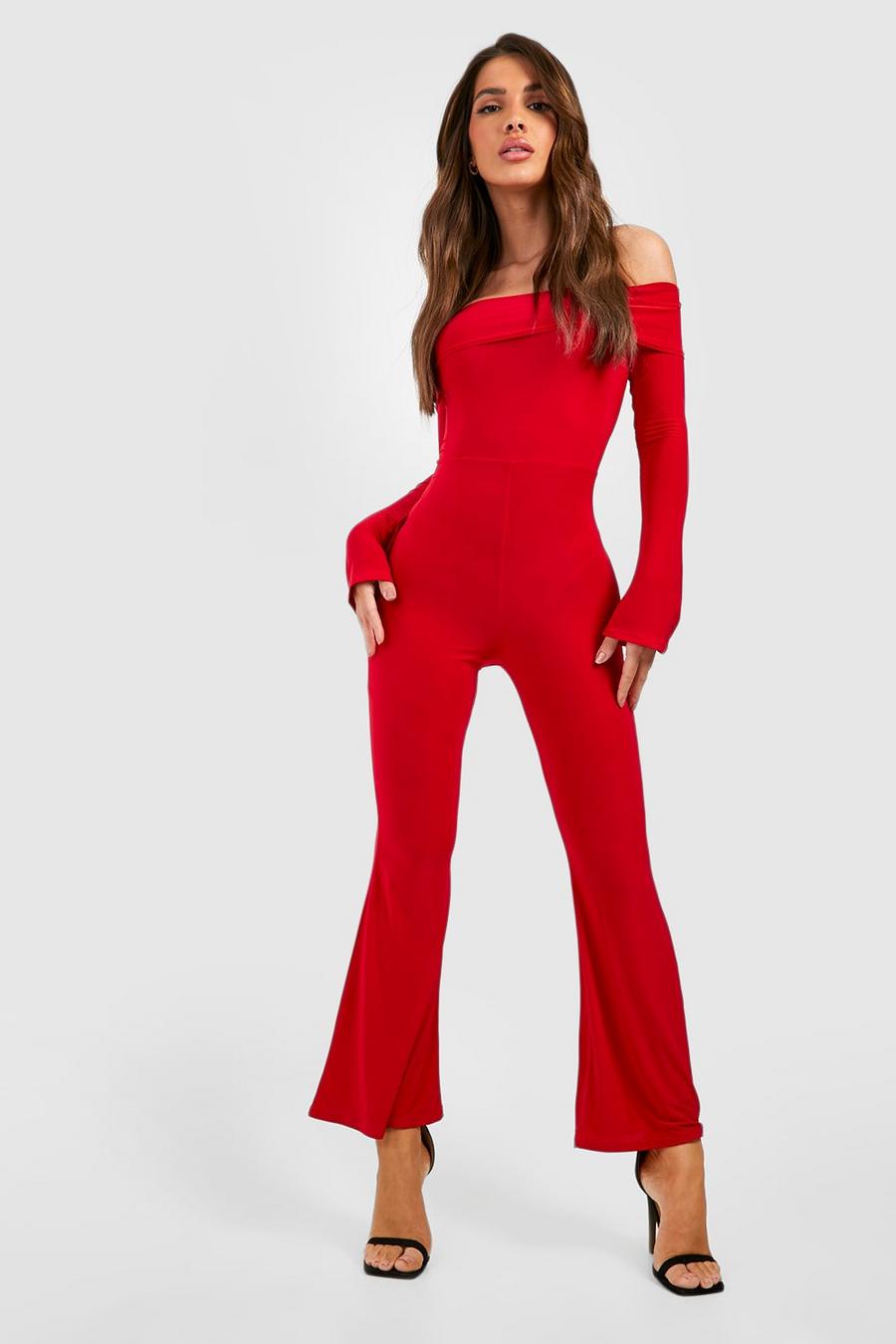 Red rouge Bardot Long Sleeve Open Back Jumpsuit  image number 1