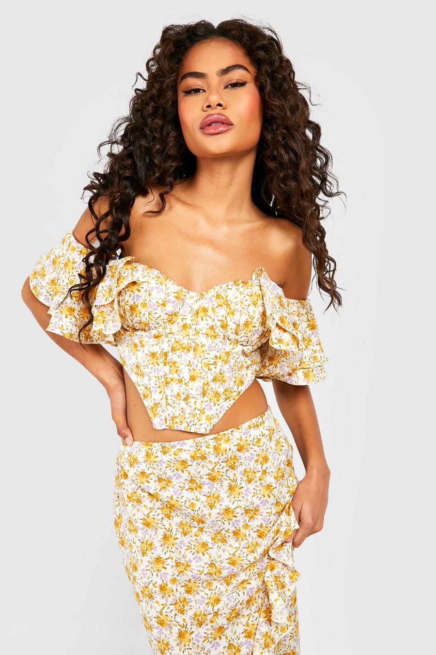 Top a corsetto a fiori con spalle scoperte e maniche arricciate, Yellow image number 1