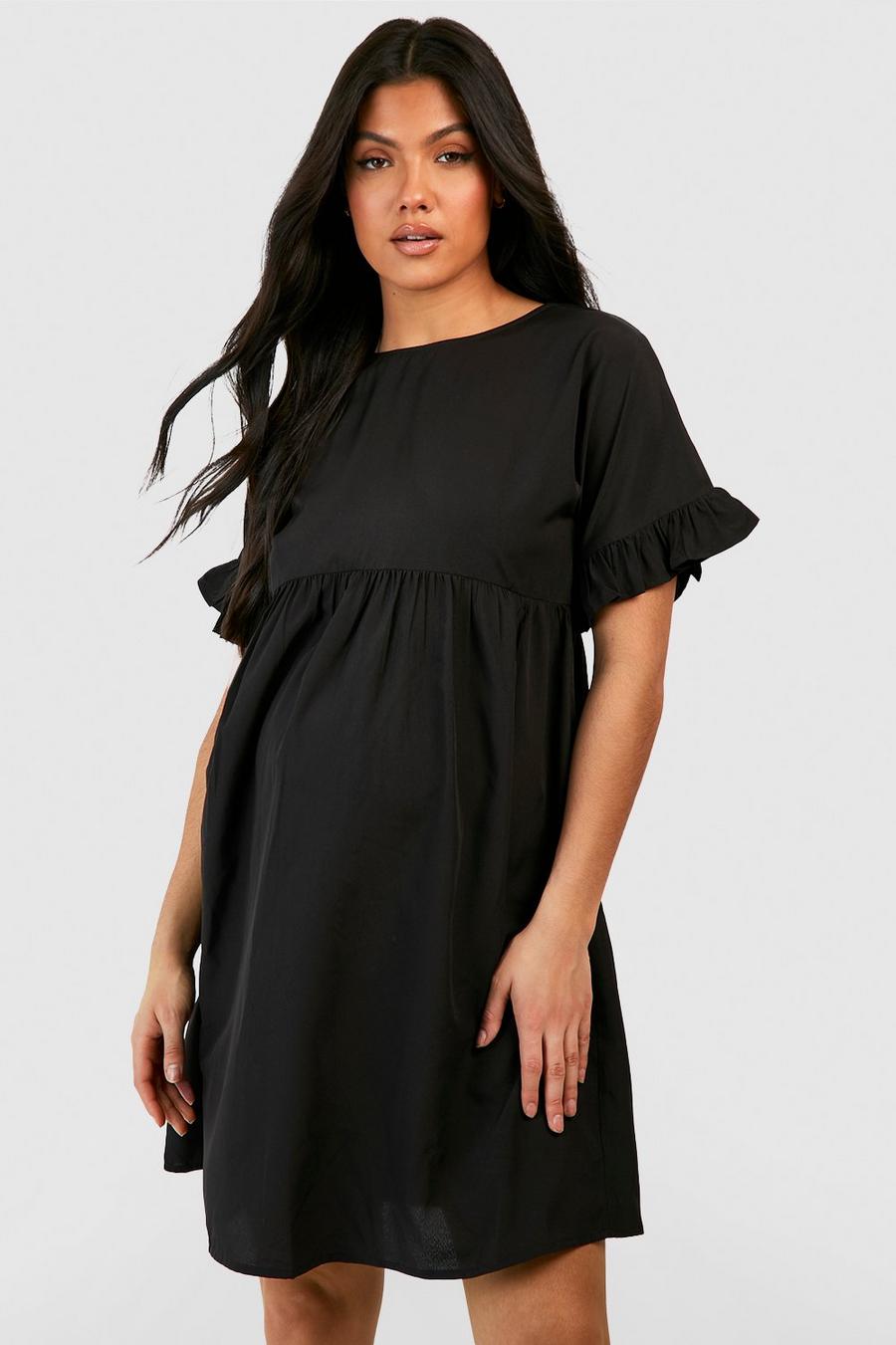 Black Maternity Frill Sleeve Smock Dress